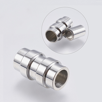 304 Stainless Steel Magnetic Clasps with Glue-in Ends, Column, Stainless Steel Color, 18x10mm, Hole: 6mm