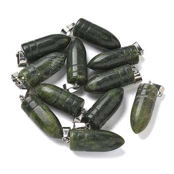 Natural Southern Jade Pointed Pendants, Bullet Shaped Charms with 201 Stainless Steel Snap on Bails, Stainless Steel Color, 29.5x10mm, Hole: 4x7mm