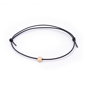 Adjustable Cowhide Leather Cord Bracelets, with Brass  Beads, Heart, Black, Real 18K Gold Plated, 1-7/8 inch(4.8cm)