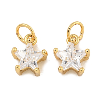 Rack Plating Brass Micro Pave Clear Cubic Zirconia Charms, Lead Free & Cadmium Free, Long-Lasting Plated, Star, Real 18K Gold Plated, 10.5x8.5x5.5mm, Hole: 3.5mm