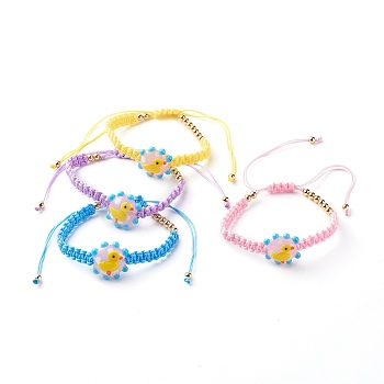 Adjustable Nylon Thread Braided Bead Bracelets for Kid, with Golden Brass Beads, Flower with Duck Handmade Lampwork Beads, Mixed Color, Inner Diameter: 1-7/8~4-1/2 inch(4.75~11.45cm)