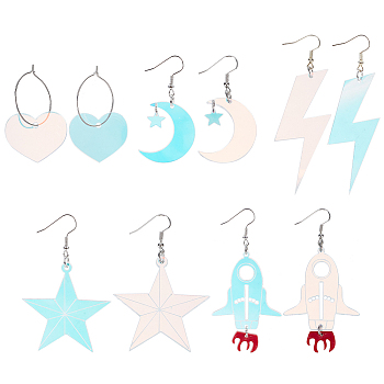 5 Pairs 5 Styles Rainbow Color Acrylic Dangle Earrings with Iron Pins, Moon & Star & Rocket & Heart & Lightning, Colorful, 49~87x25.5~49mm, 1 Pair/style