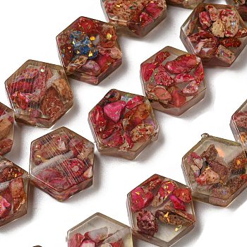 Dyed Natural Imperial Jasper with Resin Beads Strands, Hexagon, Cerise, 18x16x6mm, Hole: 1.5mm, about 10pcs/strand, 6.93 inch(17.6cm)