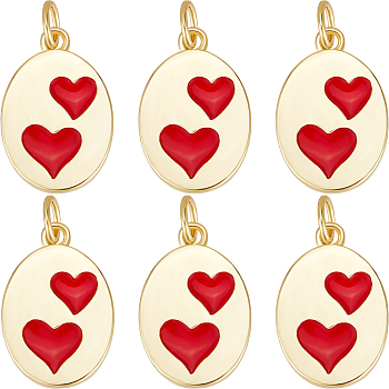Real 18K Gold Plated Brass Charms, with Enamel and Jump Rings, Long-Lasting Plated, Oval with Heart, Red, 15.3x10.3x1.5mm, Hole: 3mm, 6pcs/box