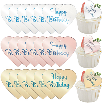 21Pcs 3 Colors Mirror Effect Acrylic Birthday Cupcake Insert Card Decoration, Flat Round Cake Toppers, Heart, 44x50x1.5mm, 7pcs/color