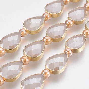 Electroplate Glass Beads Strands, Faceted, with Golden Tone Brass Edge, Full Plated, Teardrop & Round, Rosy Brown, 18x12.5~13x7~7.5mm, Hole: 1mm, about 10pcs/strand, 9 inch(23cm)