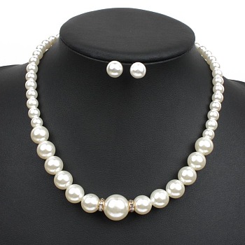 Alloy with ABS Plastic Pearl Round Beaded Necklaces & Stud Earrings Sets for Women, Golden, 455mm