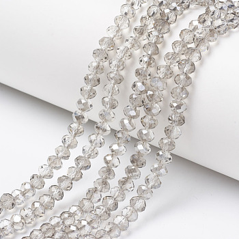 Electroplate Transparent Glass Beads Strands, Half Gray Plated, Faceted, Rondelle, Clear, 4x3mm, Hole: 0.4mm, about 123~127pcs/strand, 16.5~16.9 inch(42~43cm)