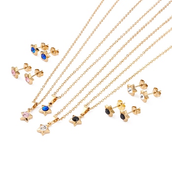 Vacuum Plating Rhinestone Stud Earrings and Pendant Necklaces Sets, with 304 Stainless Steel Findings, Star, Golden, Mixed Color, 17.60~18.31 inch(44.7~46.5cm), 7mm, Pin: 0.7mm