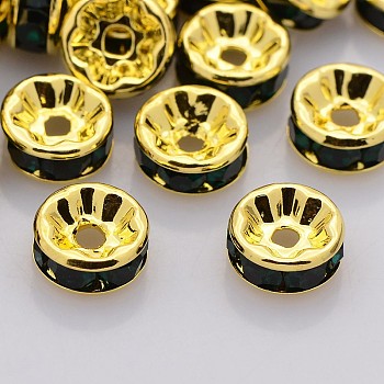 Brass Rhinestone Spacer Beads, Grade A, Straight Flange, Golden Metal Color, Rondelle, Jet, 8x3.8mm, Hole: 1.5mm