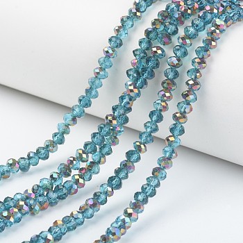 Electroplate Transparent Glass Beads Strands, Half Rose Gold Plated, Faceted, Rondelle, Dark Turquoise, 4x3mm, Hole: 0.4mm, about 123~127pcs/strand, 16.5~16.9 inch(42~43cm)