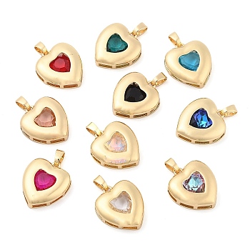 Rack Plating Brass Pendants, Glass Charms, Long-Lasting Plated, Cadmium Free & Lead Free, Real 18K Gold Plated, Heart, Mixed Color, 21x18.5x6mm, Hole: 3x5.5mm