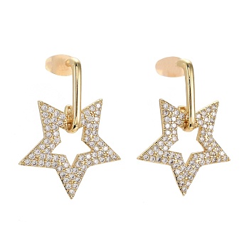 Brass Micro Pave Clear Cubic Zirconia Dangle Stud Earrings, with Ear Nuts, Star, Real 18K Gold Plated, 29mm, Pin: 0.7mm