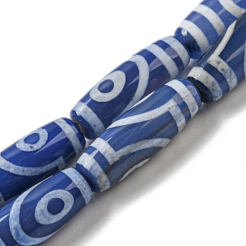 Tibetan Style dZi Beads Strands, Dyed Natural Agate Beads Blue Strands, Drum Shape, Eye, 29~30x10mm, Hole: 1.4mm, about 10pcs/strand, 11.81 inch(30cm)
