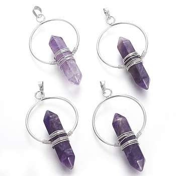 Natural Amethyst Big Double Terminated Pointed Pendants, with Brass Findings, Bullet, Platinum, 57.5~59x33.2~34x12~12.5mm, Hole: 7.5~8x5mm