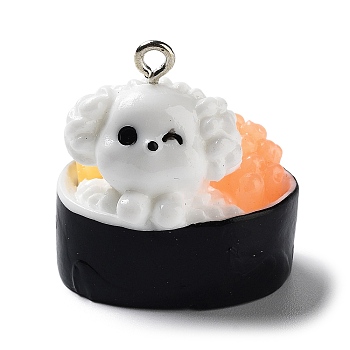 Opaque Resin Imitation Food Pendants, Sushi Dog Charms with Platinum Plated Iron Loops, Dog, 26x24.5x19.5mm, Hole: 2mm
