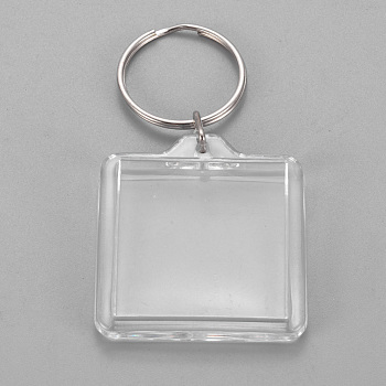 Acrylic Keychain, with Iron Split Key Rings, Square, Clear, 73mm, Pendants: 44x40x6mm