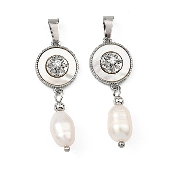 Natural Cultured Freshwater Pearl Rice Tassel Pendants, Brass Micro Pave Clear Cubic Zirconia and Natural Shell Flat Round Charms, White, Platinum, 38x12.5x7.5mm, Hole: 6x2.5mm