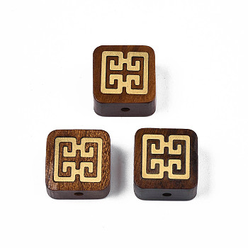 Natural Rosewood Undyed Beads, with Raw(Unplated) Brass Slices, Square, Saddle Brown, 14.5x14x7.5mm, Hole: 1.8mm