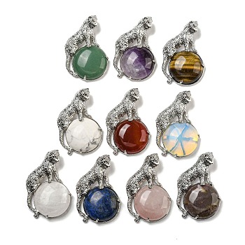 Natural & Synthetic Mixed Gemstone Half Round Pendants, Rack Plating Brass Leopard Charms, Platinum, Cadmium Free & Lead Free, Mixed Dyed and Undyed, 42x27x7.5mm, Hole: 3x5mm