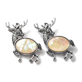 Tibetan Style Alloy Elk Brooches, with Natural White Shell, Antique Silver, 49.5x49x11mm