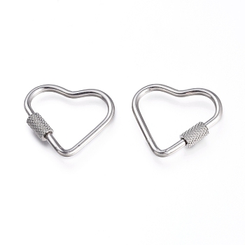 304 Stainless Steel Screw Carabiner Lock Charms, for Necklaces Making, Heart, Stainless Steel Color, 22x24.5x4mm, Screw: 7x4mm