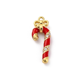 Rack Plating Brass with Cubic Zirconia Pendants, with Enamel, Long-Lasting Plated, Lead Free & Cadmium Free, Candy Canes Charms, Real 18K Gold Plated, 21.5x8x3.5mm, Hole: 1.2mm