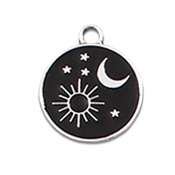 Alloy Enamel Pendants, Platinum, Flat Round Charm, Sun Pattern, 20x17mm