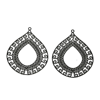 Spray Painted 430 Stainless Steel Pendants, Etched Metal Embellishments, Teardrop Charm, Black, 45x37.5x0.3mm, Hole: 1.6mm