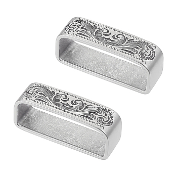 2Pcs 304 Stainless Steel Loop Keepers, Men's Belt Buckle, Rectangle with Floral Pattern, Antique Silver, 40x17x12mm, Inner Diameter: 37x13mm