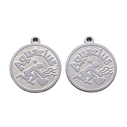 201 Stainless Steel Pendants, Flat Round with Twelve Constellation, Laser Cut, Stainless Steel Color, Aquarius, 25x22x1.5mm, Hole: 2mm(STAS-R106-02)