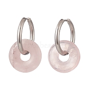 Natural Rose Quartz Pi Disc/Donut Dangle Hoop Earrings, 304 Stainless Steel Jewelry for Women, 29.5mm, Pin: 1mm(EJEW-JE05132-04)