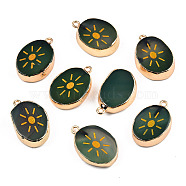 Natural Agate Pendants, with Light Gold Plated Brass Edge & Iorn Loops, Gold Powder, Dyed & Heated, Oval with Sun Charm, Dark Olive Green, 23~24x15~16.5x4~6.5mm, Hole: 1.6mm(G-N326-156B)
