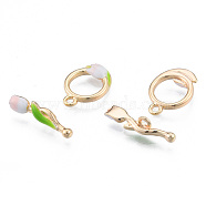 Brass Enamel Toggle Clasps, Cadmium Free & Nickel Free & Lead Free, Real 18K Gold Plated, Flower, Pink, Bar: 5.5x21.5x5mm, Hole: 1.8mm, Flower: 18x13x3.5mm, hole: 1.8mm(KK-N216-593)