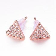 Brass Micro Pave Cubic Zirconia Stud Earrings, Triangle, Rose Gold, 8.5x10x2mm, pin: 0.6mm(EJEW-P119-17RG)