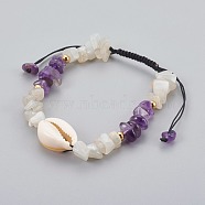 Natural Amethyst & White Moonstone Chip Braided Bead Bracelets, with Cowrie Shell, 1-7/8 inch~3-1/8 inch(4.7~8cm)(BJEW-JB04080-02)