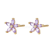 Cubic Zirconia Flower Stud Earrings, Golden 925 Sterling Silver Post Earrings, Lilac, 7.2mm(FY1254-3)