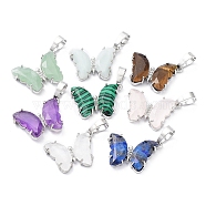 Natural & Synthetic Mixed Gemstone Pendants, with Rack Plating Platinum Plated Brass Findings, Cadmium Free & Lead Free, Faceted Butterfly Charms, 17x22.5x4mm, Hole: 8x5mm(G-K338-01P)
