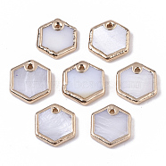 Natural Freshwater Shell Charms, Brass Edge Golden Plated, Hexagon, Seashell Color, 9~10x8~9x1.5~3mm, Hole: 0.7mm(SHEL-S276-76)