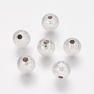 Brass Textured Beads, Round, Nickel Free, Silver Color Plated, about 6mm in diameter, hole: 1mm(KK-EC248-S-NF)