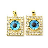 Real 18K Gold Plated Brass Pendants, with Glass and Acrylic, Rectangle with Evil Eye Charms, Deep Sky Blue, 27x20x7mm, Hole: 4.5x4mm(KK-L209-006G-03)