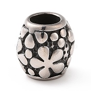 304 Stainless Steel European Beads, Large Hole Beads, Barrel with Flower, Antique Silver, 11x11mm, Hole: 6mm(STAS-M301-16AS)