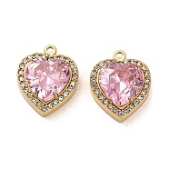 Real 14K Gold Plated 304 Stainless Steel Pendants, with Glass and Rhinestone, Heart Charms, Pink, 16.5x13.5x6mm, Hole: 1.6mm(STAS-L022-081G-01)