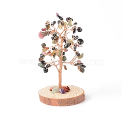 Natural Tourmaline Chips with Brass Wrapped Wire Money Tree on Wood Base Display Decorations, for Home Office Decor Good Luck, 51.5~75x115mm(DJEW-B007-05H)