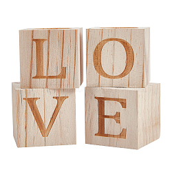 AHANDMAKER Valentine's Day Natural Wood Candle Holder, with Candle Wick, Cube, Word Love, Bisque, Candle Holder: 60x60x60mm, Hole: 40mm, 4pcs/bag(AJEW-GA0002-72)