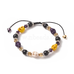 Synthetic Turquoise(Dyed) Skull Braided Beaded Bracelets, Natural Eyeless Obsidian Round & Glass Bicone Beaded Adjustable Bracelet for Women, PeachPuff, Inner Diameter: 2-1/8 inch(5.5cm)(BJEW-JB09923-03)