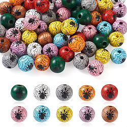 Beadthoven 60Pcs 10 Colors Natural Wood Beads, Round with Spider Web Pattern, Mixed Color, 15mm, Hole: 4mm(WOOD-BT0001-08)