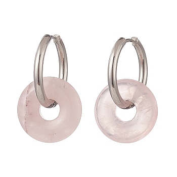 Natural Rose Quartz Pi Disc/Donut Dangle Hoop Earrings, 304 Stainless Steel Jewelry for Women, 29.5mm, Pin: 1mm