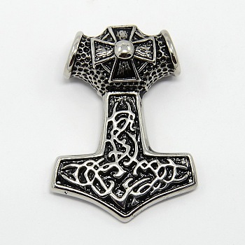 Retro Men's 304 Stainless Steel Big Thor's Hammer Pendants, Antique Silver, 50x37x14mm, Hole: 7mm