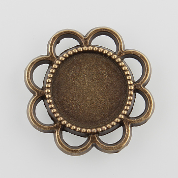 Flower Alloy Cabochon Settings, Cadmium Free & Nickel Free & Lead Free, Antique Bronze, Tray: 14mm, 24x2.5mm